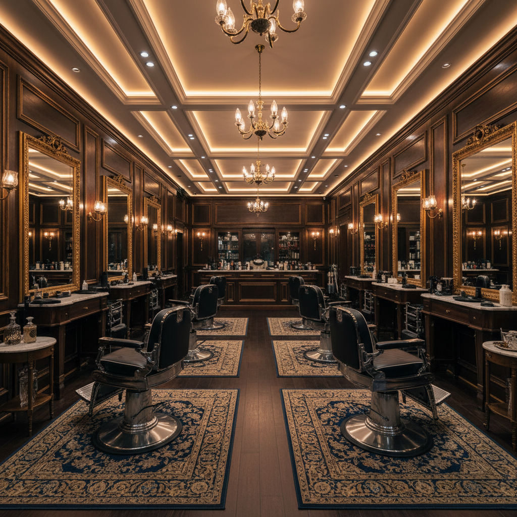 Elegantan enterijer barbershopa sa tamnim drvetom i zlatnim detaljima